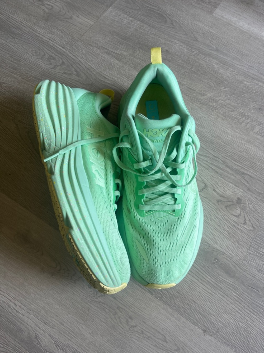 Hoka Bondi 8 Women's 9.5D (wide) Mint Green and Yellow Running Shoes